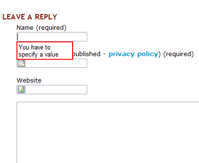 red-bordered browser message 'You have to specify a value' next to unfilled required field